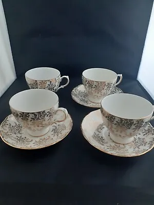Buy 4 Royal Vale Chintz White & Gold Floral Tea Cups 3 Saucers-Ridgway England • 22.26£