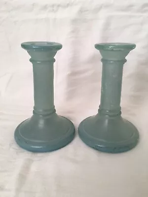 Buy Spanish Recycled Glass Satin Vaseline Glass Pair Of Candlesticks Collectable • 29.85£