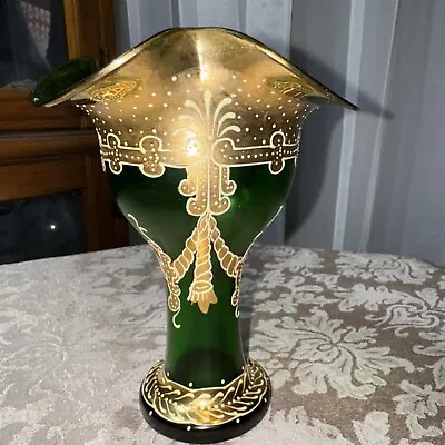 Buy French Bohemian ART Glass Vase Gold Enamel ART NOUVEAU 1900 PONTIL Green Gold • 58.39£