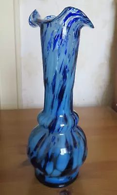 Buy Vintage Cobalt Glass Dark Blue Cloudy Blue To Clear Ruffled Top Vase • 30£