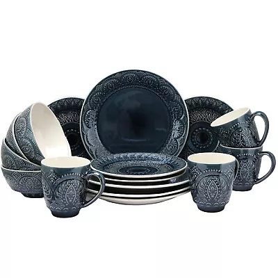 Buy Elama Petra 16 Pc Blue White Embossed Stoneware Dinnerware Set • 91.64£