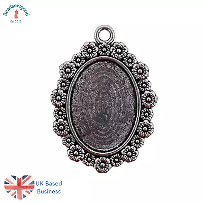 Buy 4 Oval Antique Silver 18 X 25mm Tray Cabochon Setting Pendant With Flower Design • 2.89£