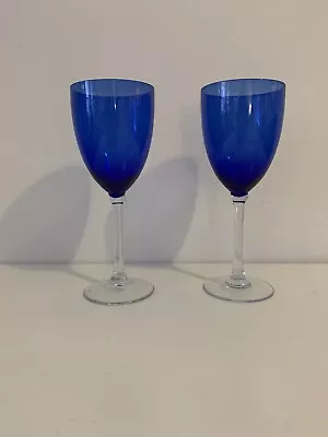 Buy Vintage Stunning Cobalt Blue Wine Glasses Crystal Stem Handblown Two Goblets • 36.98£
