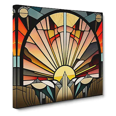 Buy Art Deco Sunset Stained Glass Effect Canvas Wall Art Print Framed Picture Lounge • 29.95£