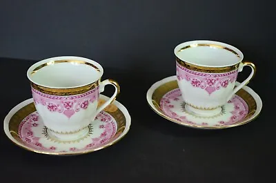 Buy Two Tea Cups & Saucers MZ Czechoslovakia China White Pink & Gold  • 9.99£