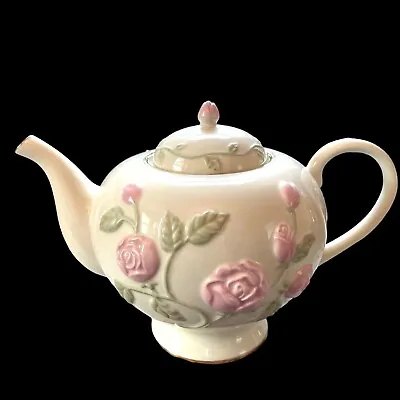 Buy LENOX Porcelain Footed Teapot Embossed Pink Rose Vine Retired EXC • 43.22£