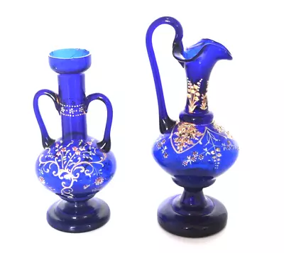 Buy Antique Cobalt Blue Ewer Jug & Vase Stunning Hand Painted Enamel & Gilt, Damaged • 10£