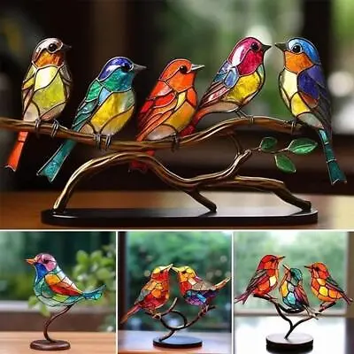 Buy Stained Glass Birds On Branch Desktop Ornaments Double Sided Multicolor Style ~ • 6.38£
