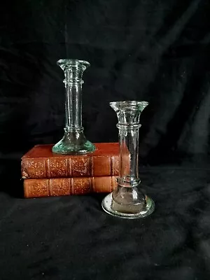 Buy Vintage Habitat ? Recycled Green Pressed Glass Candle Stick Pair Sticks Holders  • 14£