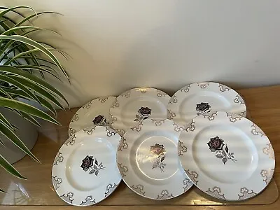 Buy Rare Vintage Alfred Meakin Black Rose Design Dinner Plates X6  • 30£