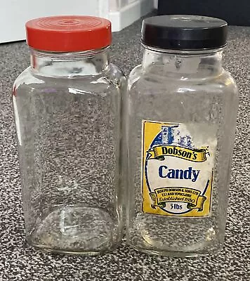 Buy 2 X Vintage Glass Sweet Jars One With Original Label Dobsons Candy • 34.99£