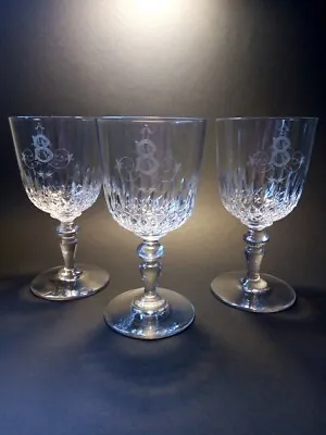 Buy 3 X Antique Victorian Crystal Cut Monogrammed Initialled  B  Wine Glasses • 36£