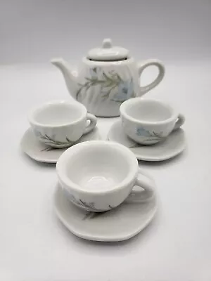 Buy Unmarked Toy Sized Miniature Teapot, 3 Teacups & 3 Saucers With Blue Flowers • 9.16£