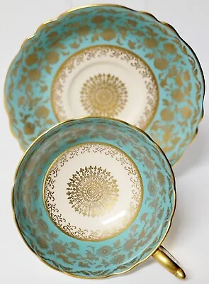 Buy PARAGON Porcelain Tea Cup And Saucer Cobalt Turquoise Gold Medallion • 71.93£