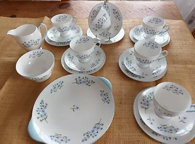Buy Shelley English Fine Bone China Teaset BLUE ROCK Pattern 1950s 21pc Footed Cups  • 60£