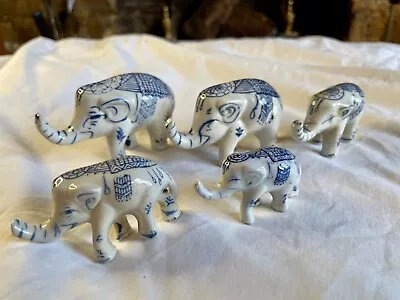 Buy China Blue And White Family Of Five Decorated Elephants • 24£