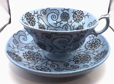 Buy Antique William Ridgway Cup & Saucer - Black On Blue, Helical Pattern 1800's • 29.99£