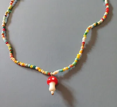 Buy Bohemian Colourful Beaded Toadstool Pendant  Necklace. Free Gift Bag • 6.99£