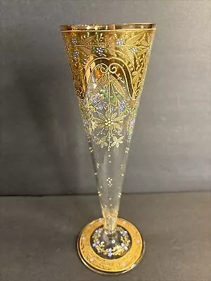 Buy Antique Moser Glass Vase/Bohemian/Enamel Flowers/Gold/Czech C.1940/Numbered 6/8 • 316.98£