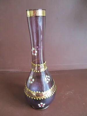 Buy Vintage Painted Glass Bud Vase Amethyst Gold Rims Floral Decoration 20cm High • 4.99£