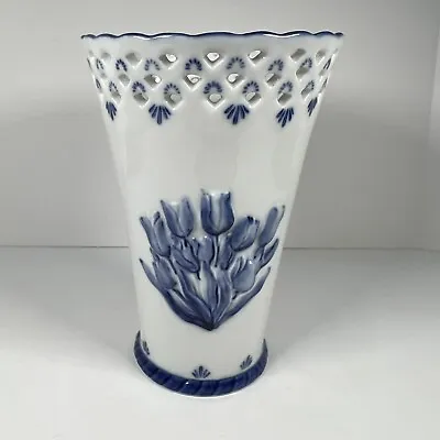 Buy Delftware- White Pierced Vase - Blue Trim W/ Tulips - Holland Hand Painted 6” • 15.14£