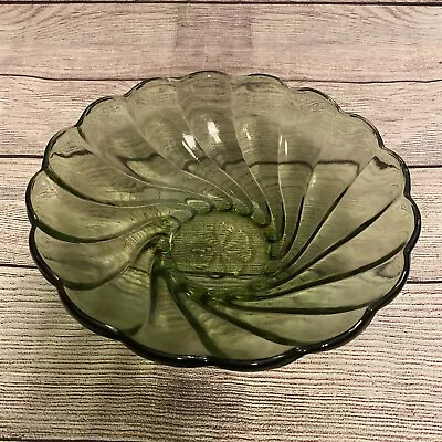 Buy Vintage Hazel Atlas 9” Colonial Swirl Green Glass Scalloped Bowl • 12.97£