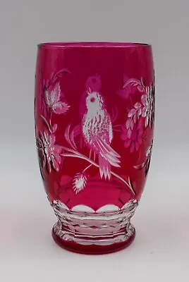 Buy Val Saint Lambert Cranberry Cut To Clear Glass Vase/Tumbler W/ Birds, Circa 1960 • 122.10£