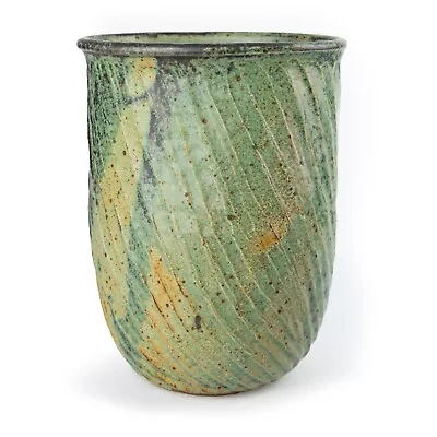 Buy 10.5 Inch Green Ribbed Stoneware Studio Pottery Vase Wood Fired Signed Mingei • 110.69£