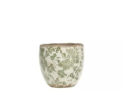 Buy Green & White French Flower Pattern Plant Pot Cover, Pottery Floral Melun Olive • 11£