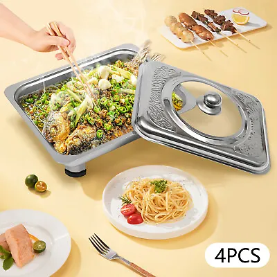 Buy 4X Buffet Tray Chafing Dish Food Warmer Rectangular Food Plate Stainless Steel • 30.03£