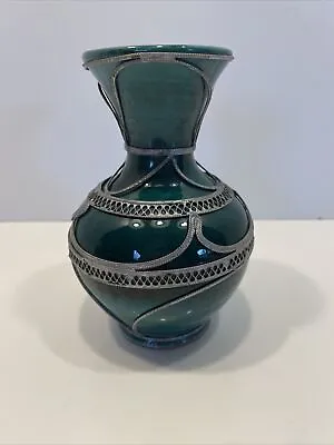 Buy Vintage Moroccan Green & Hand-worked Pewter Terracotta Red Clay 6.5” Vase • 43.16£