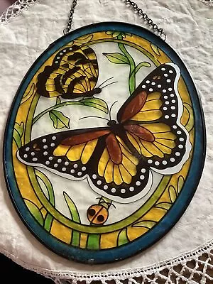 Buy Vintage Large Stained Glass & Metal Butterflies Oval Suncatcher Hand Painted • 1.99£