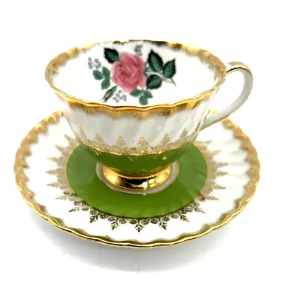 Buy Royal Adderley England Bone China Teacup Saucer Green White & Gold Swirl Pattern • 12.97£