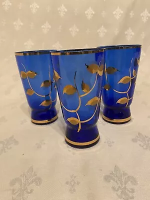 Buy Cobalt Blue Czech Bohemia Glass Tumblers Gold Leaves And Bands Set Of 3 Gorgeous • 29.99£