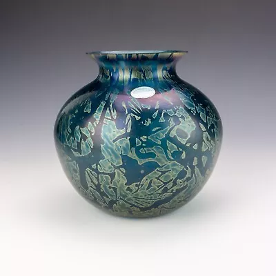 Buy Vintage Royal Brierley Art Glass - Dusk Blue Iridescent Studio Glass Globe Vase • 29.99£