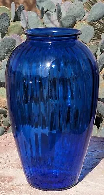 Buy Vintage Tall Anchor Hocking Cobalt Blue Ribbed Glass Vase 12-1/2'' HIGH GLOSS!  • 17.26£