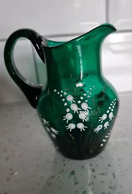Buy Antique Hand Blown Emerald Green Glass Little Pitcher Painted Lilies Of Valley • 9.99£