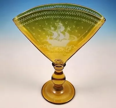 Buy Antique Bohemian Amber Cut To Clear Glass Fan Vase Engraved Sailing Ship Galleon • 95.46£