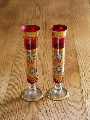 Buy Pair Of Vintage Hand Blown Czech Bohemian Red Glass Bud Vases Gilding & Flowers • 21£