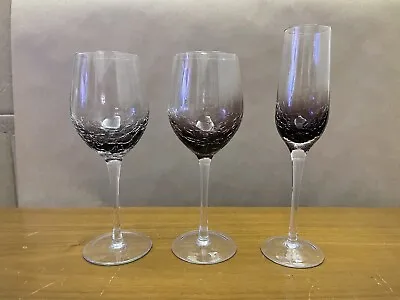 Buy Set Of 3 Pier One Crackle Glass Stemware Glasses 2 Wine 1 Champagne Flute Purple • 57.53£