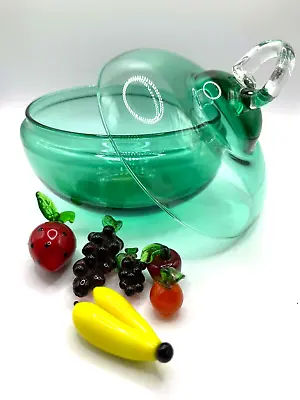 Buy Green Art Glass Bowl With Miniature  Glass Fruit And Lid • 22.21£