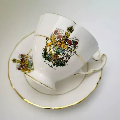 Buy Royal Adderley Arms Of Canada Footed Teacup & Saucer, Gold Trim, Canadian Crest • 24.92£