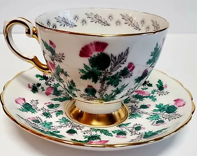Buy VTG Thistle Blossoms Tuscan Fine Eng Bone China Gold/Teal/Pink Tea Cup Saucer • 24.11£