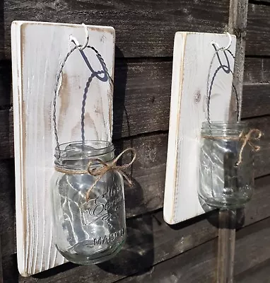 Buy Wooden Wall Mounted Flower Jar 2 Glass Mason Candle Holders Lantern Rustic Wood • 32.99£