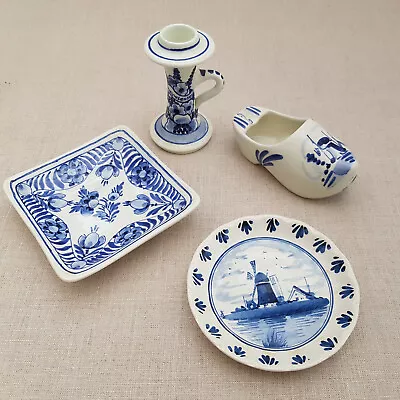 Buy Four Small Delft Pieces - Plate / Pin Dish, Clog, Candlestick - Dutch Pottery • 9.95£