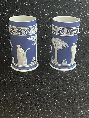 Buy Antique  Pair Wedgwood Cream On Blue Jasperware 5.75  Spill Vase Made In England • 58£