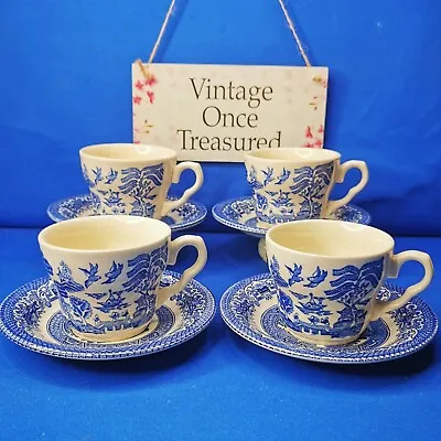 Buy 4 X WILLOW Cups & Saucers * Blue & White China * Vintage English Ironstone GC • 9.93£