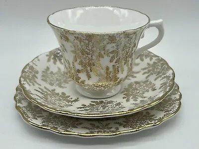 Buy Royal Vale China Gold & White Floral Leaf Patterned Trio Set Cup, Saucer & Plate • 9.99£