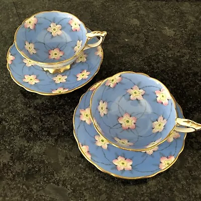 Buy Royal Stafford Bone China 2 Tea Cups And Saucers Blue With Flower Design. RARE • 165£