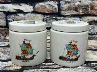 Buy 2x Vintage Royal Norfolk Taunton Vale 'English Ship 1300' Marmalade / Jam Pots • 3.75£